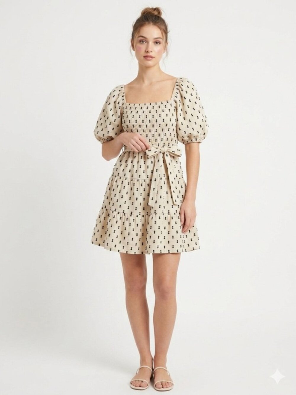 Sim & Sam Linen Blend Cream & Black Embroidered Dress